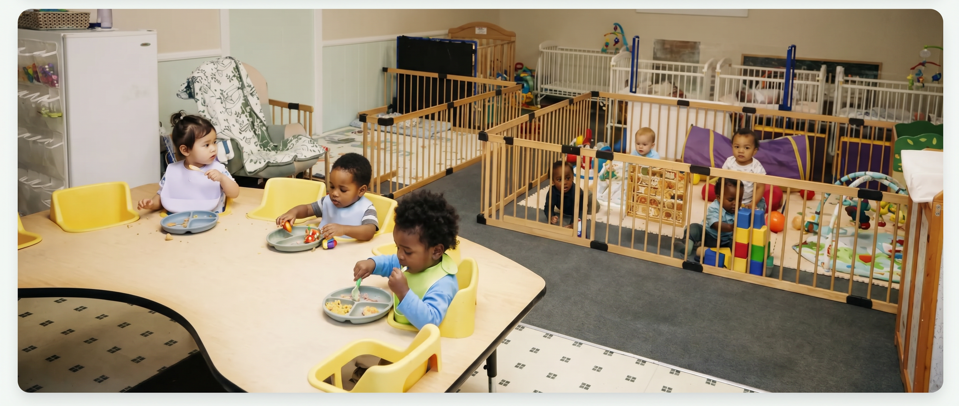 Babies and toddlers eating lunch in the infant room at Ready Set Grow Learning Center El Cajon
